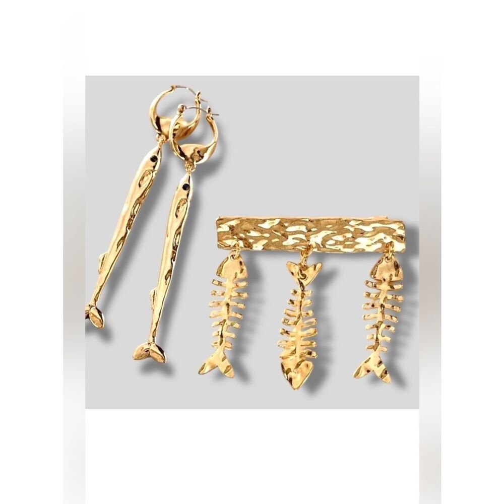 Free People BUNDLE Carter Fish Earrings & Fish Outta Water Brooch NWT Gold